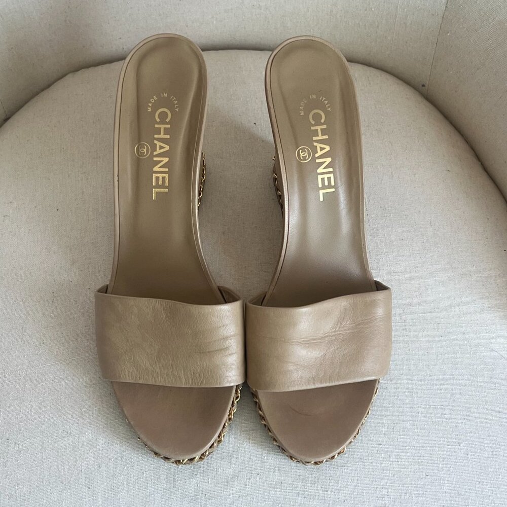 Chanel Beige w/Gold Chain Wedge Mules